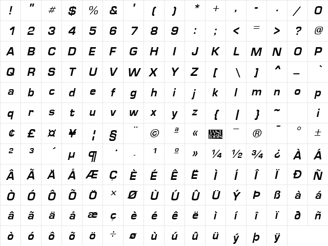 Eurose Italic  glyph index