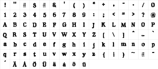 Hangover Regular  glyph index