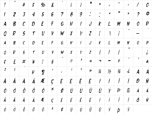 Jitter-Condensed Italic  glyph index