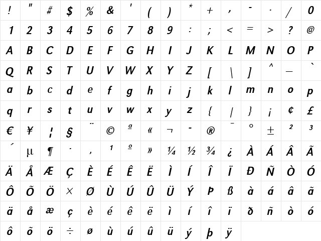 TomBeckerNarrow Italic  glyph index