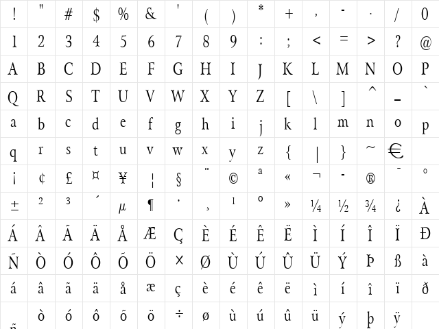 ArrayCondensed Normal  glyph index