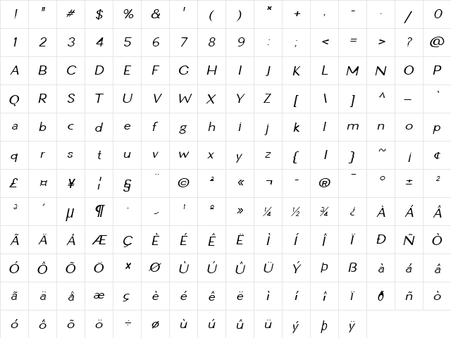 Ginger-Condensed Italic  glyph index