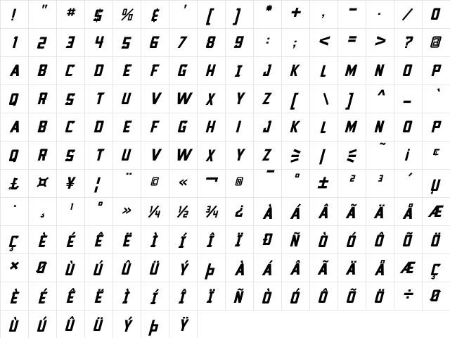 Fatcat Italic  glyph index