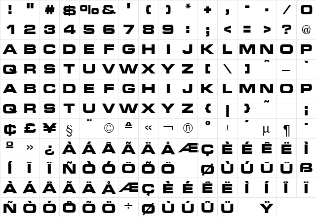 Micro Technic Extended Bold  glyph index