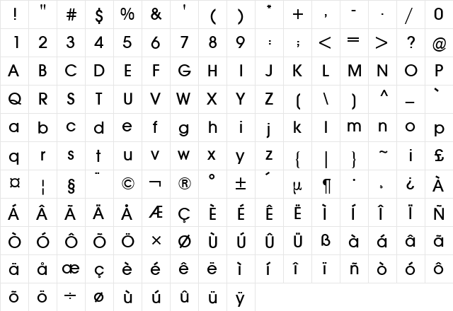 Avant Garde 2 BQ Roman  glyph index