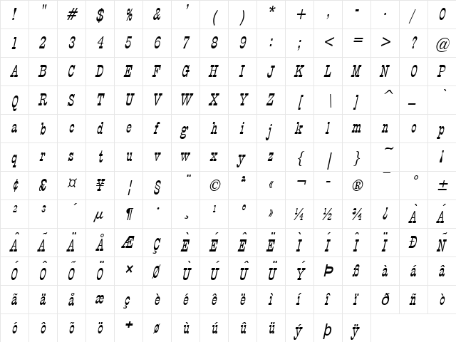 Circus Thin Italic  glyph index