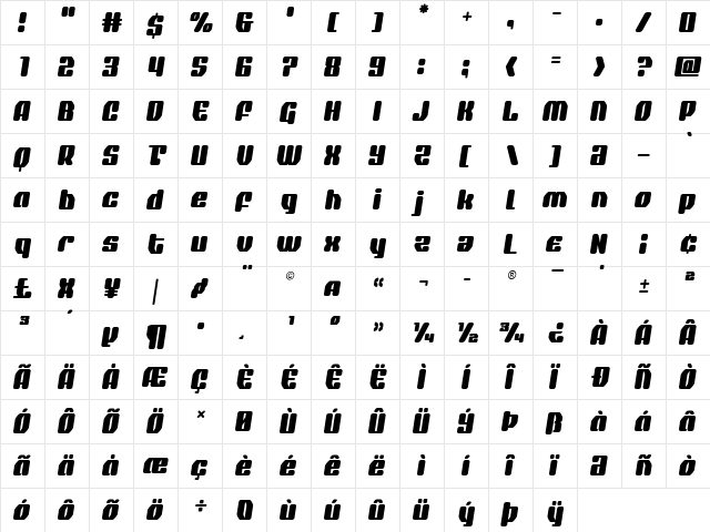 Quasar Pacer Semi-Italic Semi-Italic  glyph index