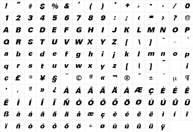 Ultimate-Serial-ExtraBold RegularItalic  glyph index