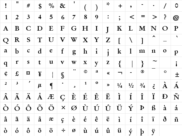 Garamond Halbfett  glyph index