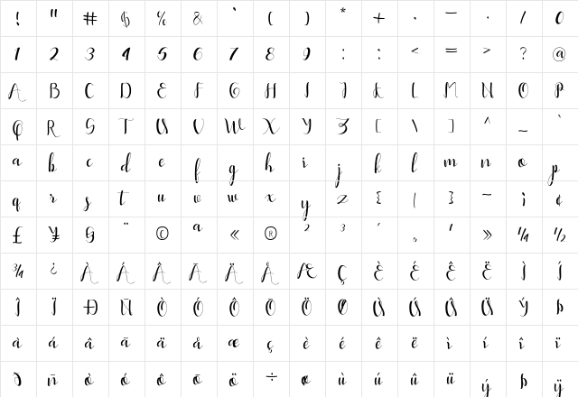 Yullisa Script Regular  glyph index