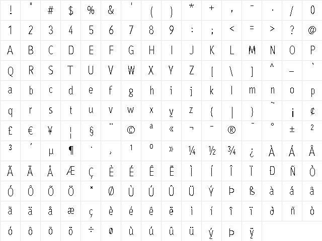 Ayumi Pro Light  glyph index