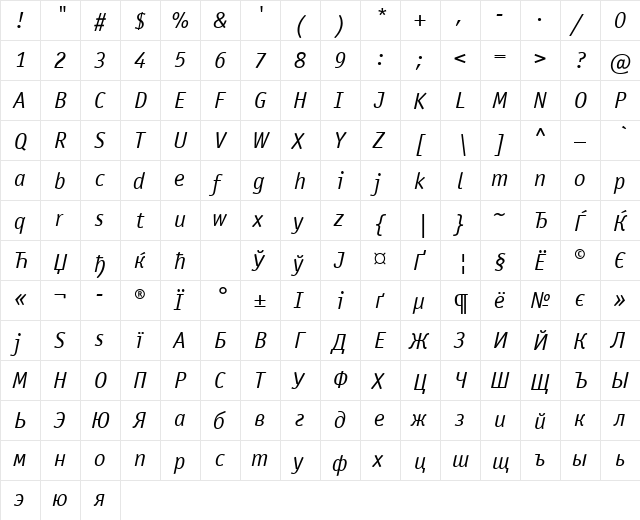 OfficinaSansCTT Italic  glyph index
