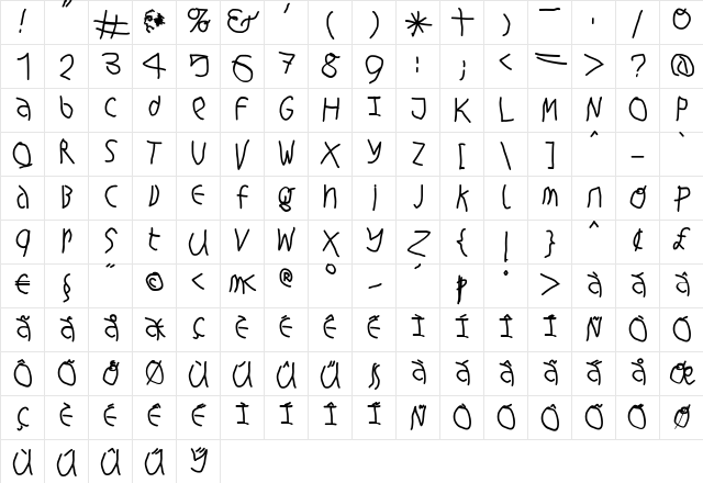 Hingehudelt Bold  glyph index