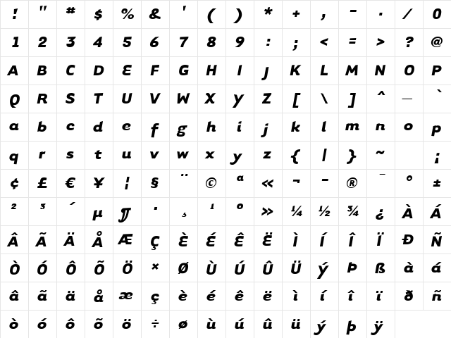 TarzanaWideBoldItalic Regular  glyph index