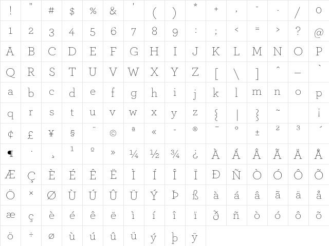 ArcherPro Extra Light  glyph index