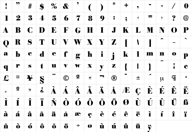 Bodoxi-ExtraBold Regular  glyph index