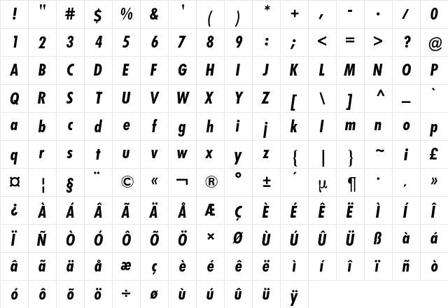Futura Condensed BQ Regular  glyph index