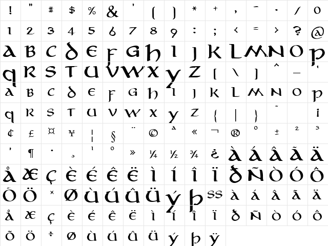 Aniron Regular  glyph index