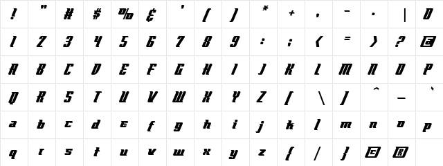 Flyboy BB Regular  glyph index