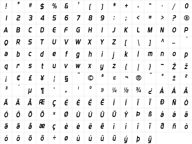 SF Fourche Condensed Italic  glyph index