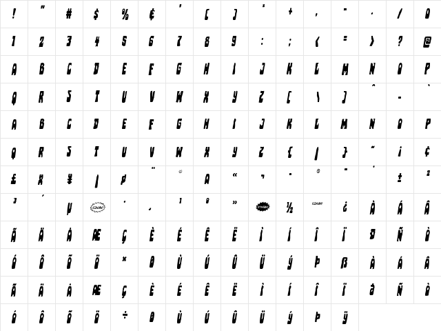 Pocket Monster Condensed Italic Condensed Italic  glyph index