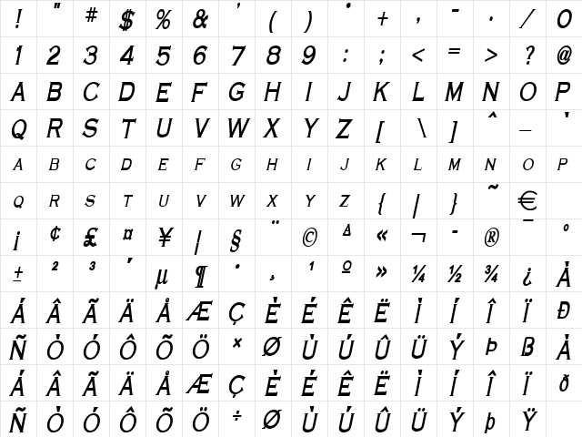 CobaltThin BoldItalic  glyph index