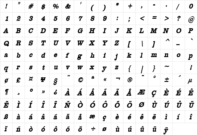 Clare Thin Bold Italic  glyph index