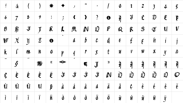 AIFraktScript Regular  glyph index