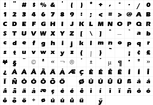Eras Ultra Regular  glyph index