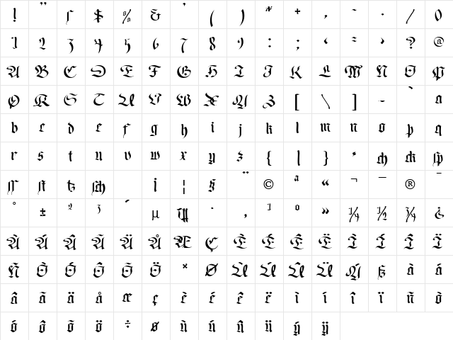 Old Germen DB Normal  glyph index