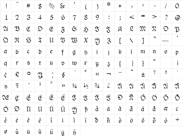 PhederFrack Plain  glyph index
