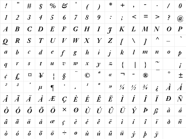 Ehrhardt MT SemiBold Italic  glyph index