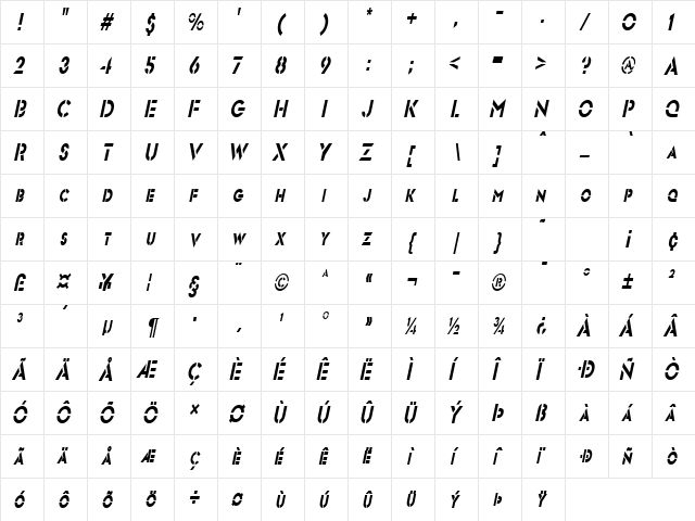 Templett Condensed Italic  glyph index