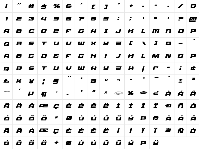 Olympic Carrier Expanded Italic Expanded Italic  glyph index