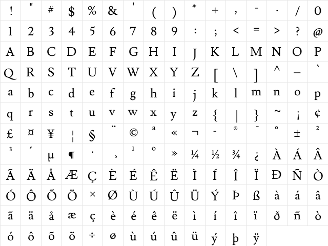 Lusitana Regular  glyph index