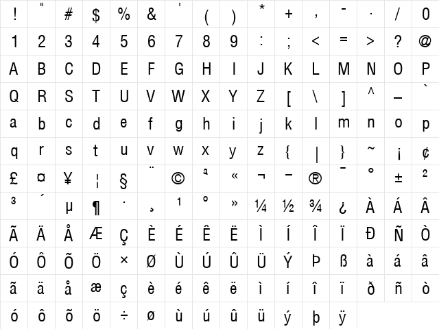 Helvetica-CondensedMedium Medium  glyph index