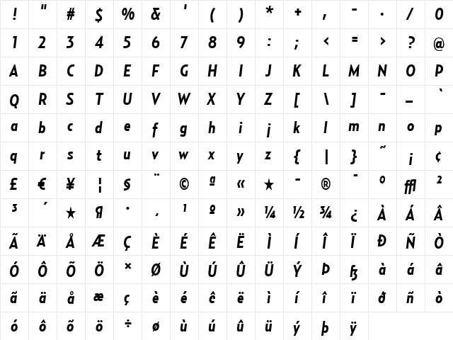 RelayCond-BoldItalic Regular  glyph index