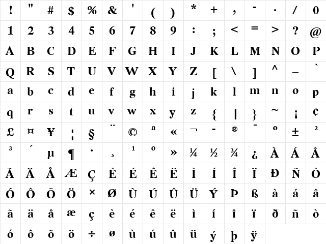 Lido STF Bold  glyph index