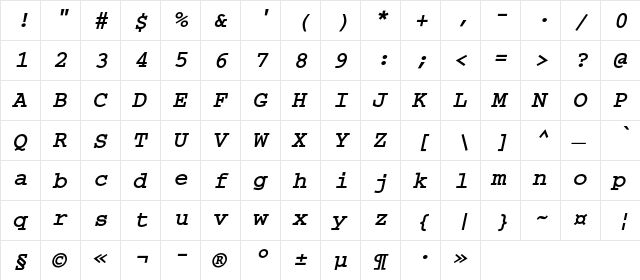 CourierC Bold Italic  glyph index