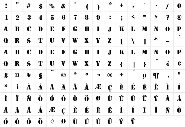 Rudy Regular  glyph index