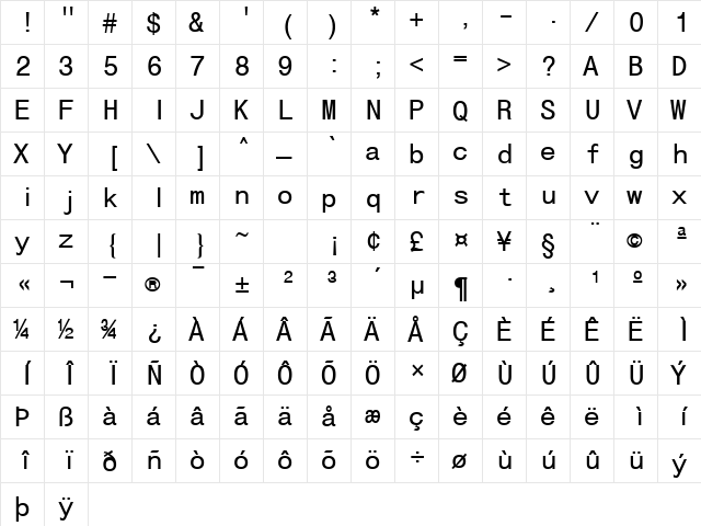 HelvMono Normal  glyph index