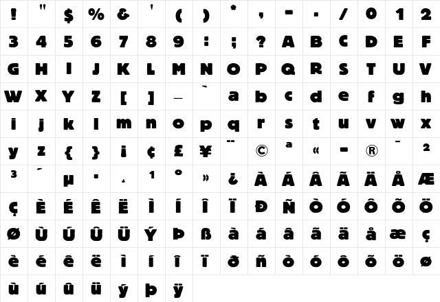 Block Berthold Heavy  glyph index