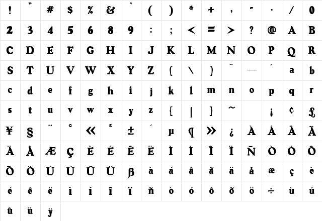 VintageSSK Regular  glyph index