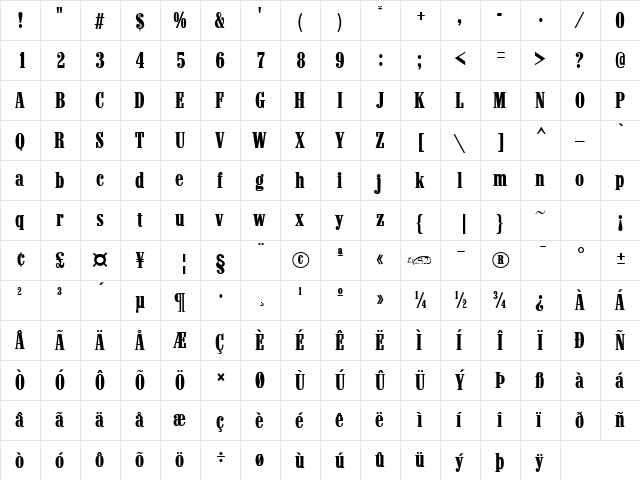 Marlboro Regular  glyph index