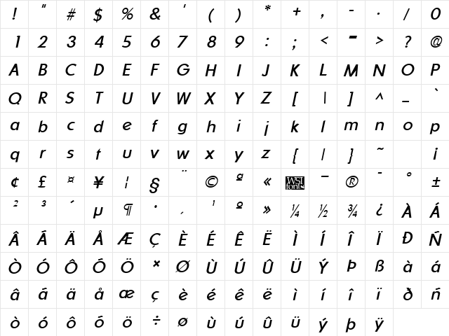 Sharnay Italic  glyph index