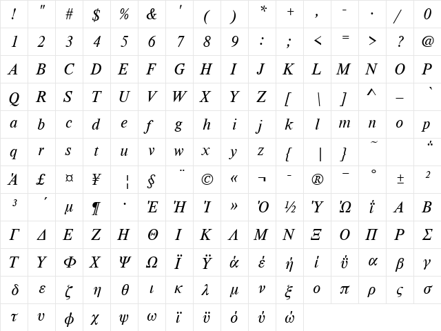 TimelessTGRLig Italic  glyph index