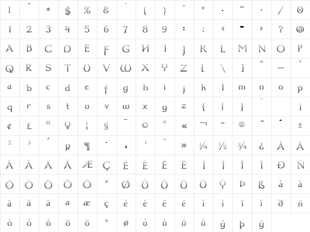 Dumbledor 3 Cut Down Regular  glyph index