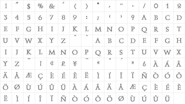 Augustea Open Regular  glyph index