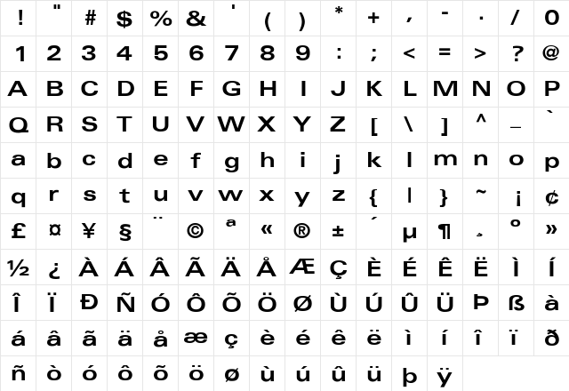 Fox-Black-Extended Bold Regular  glyph index