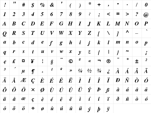 TempsSH Bold Italic  glyph index